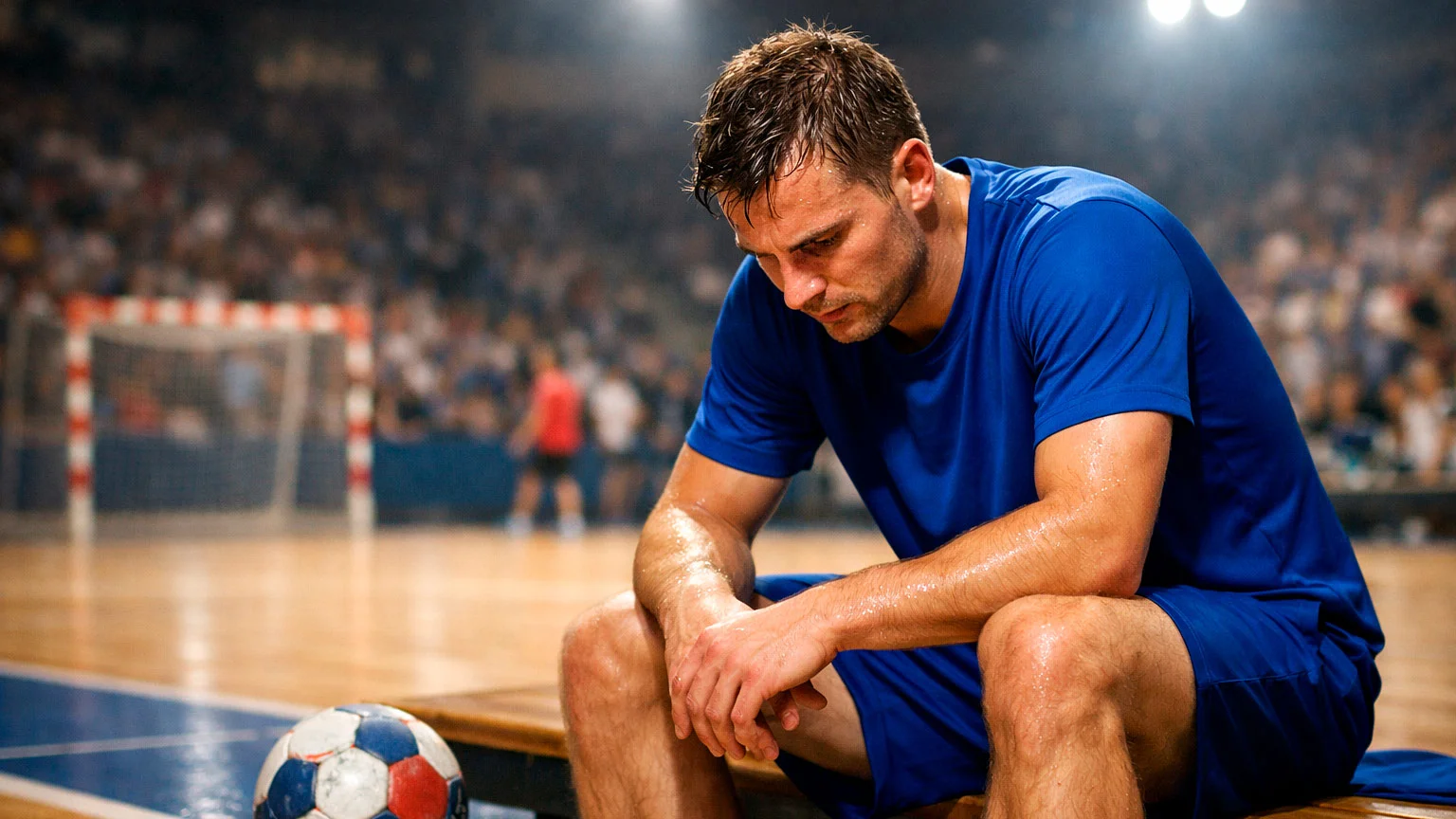 Angespannte Handballspieler am Spielfeldrand während eines entscheidenden Bundesliga-Abstiegsspiels