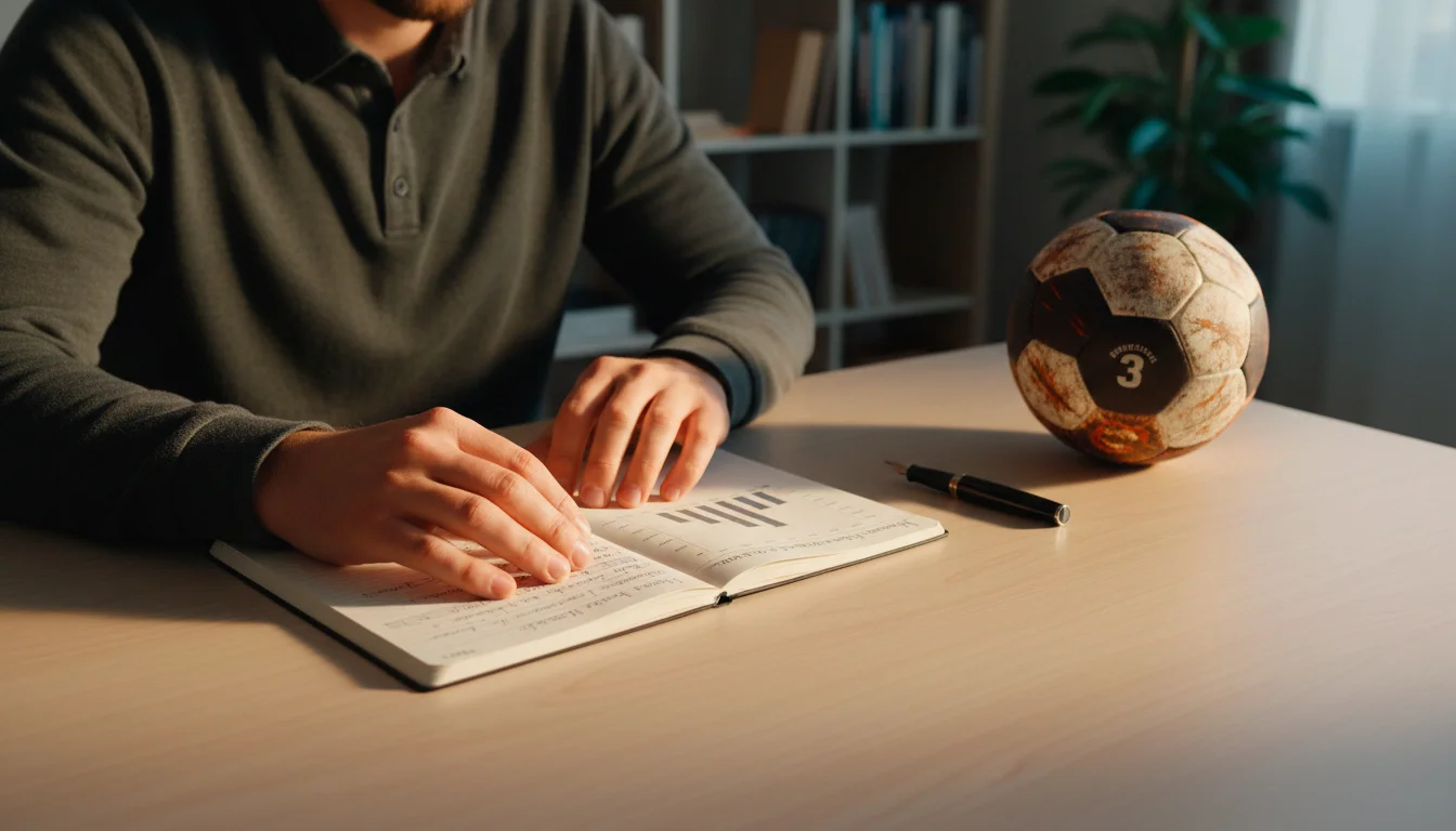 Handball-Spieler plant seine Wetteinsätze am Schreibtisch mit Notizbuch und Handball