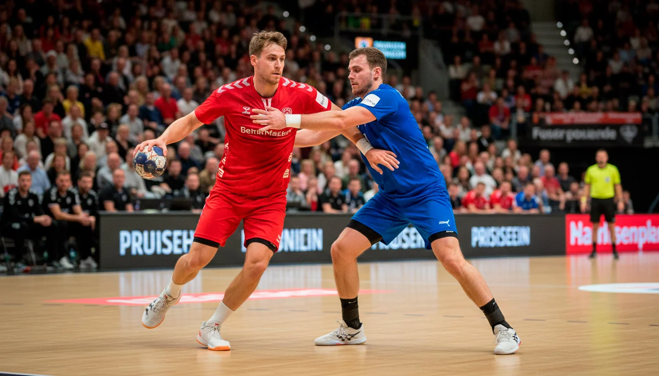 Handballspieler im Zweikampf vor der Kulisse einer ausverkauften Pokal-Halle