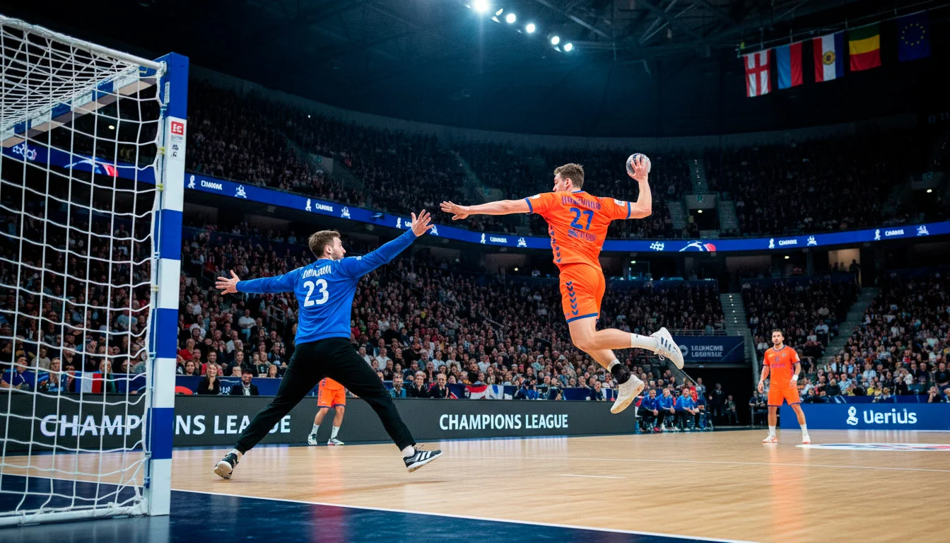Handballspiel in einer großen europäischen Arena mit internationalen Flaggen