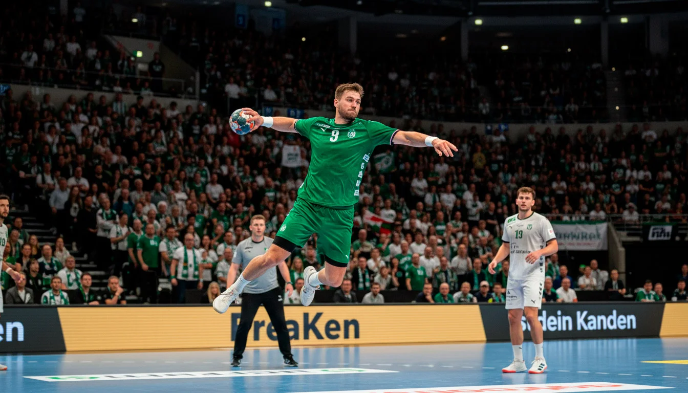 Handballspieler in einer vollen Halle während eines Bundesliga-Heimspiels der Füchse Berlin