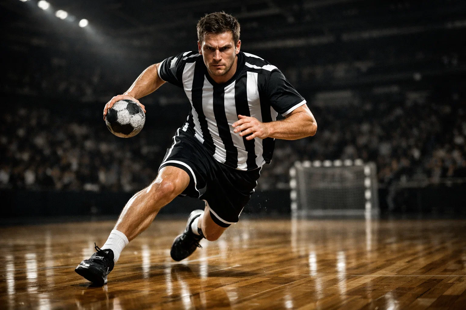 Handballspieler in schwarz-weißem Trikot im Angriff