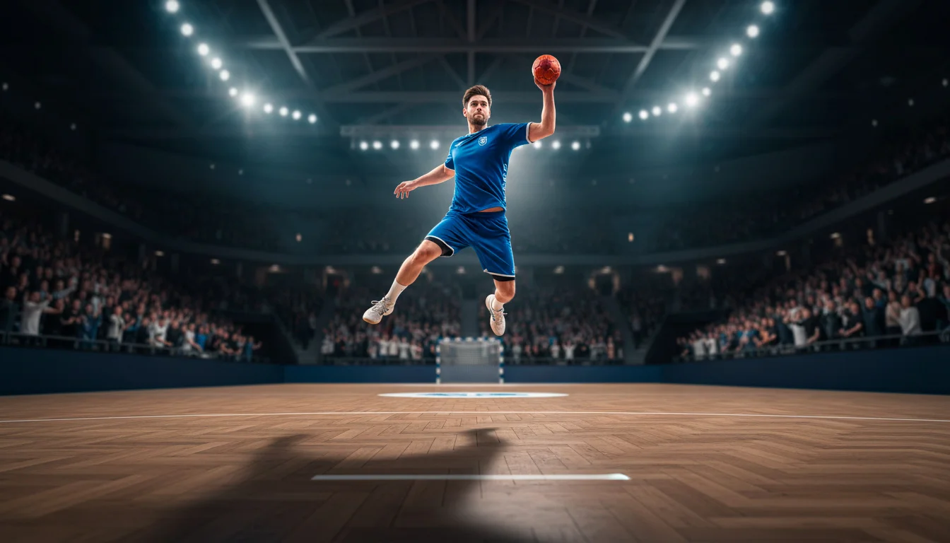 Handball-Spieler beim Wurf in einer vollen Bundesliga-Halle mit Flutlicht