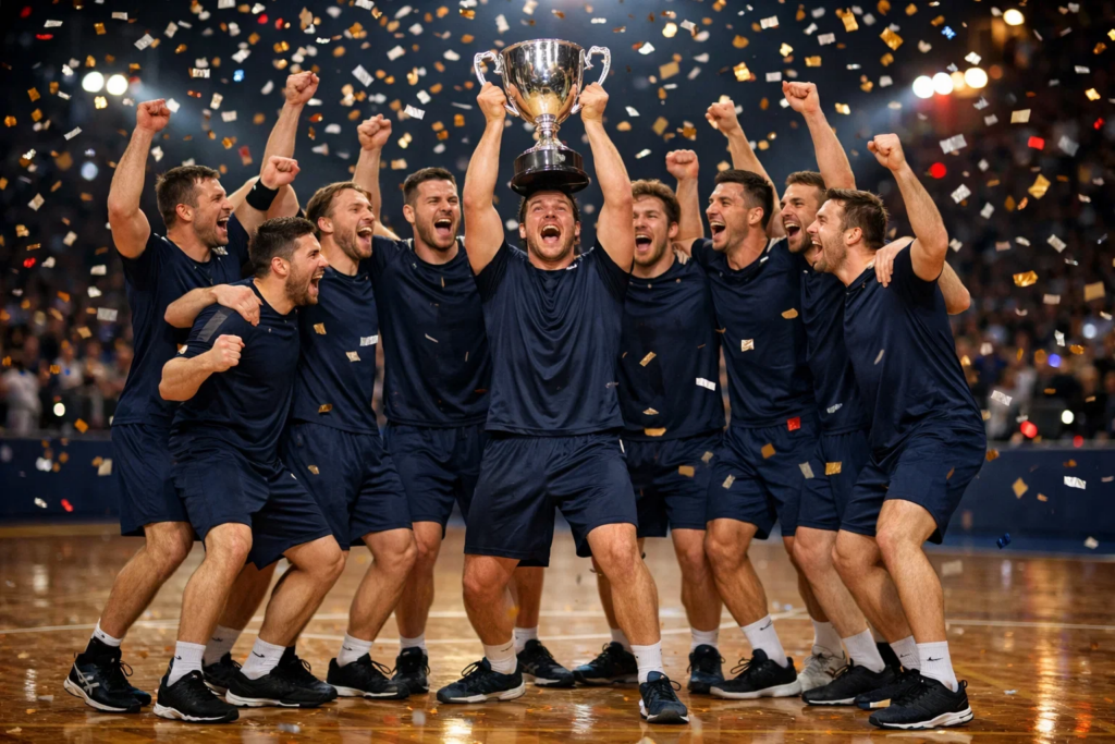 Handball-Mannschaft jubelt nach Sieg mit Pokal in der Hand