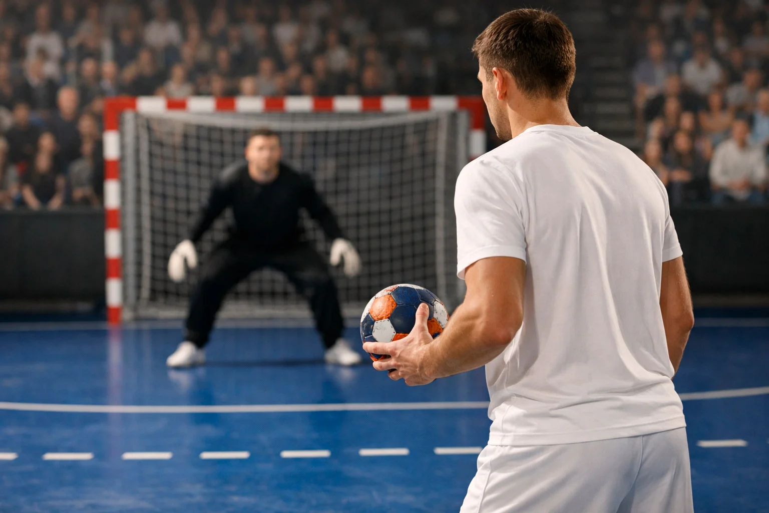 Handball-Spieler beim Wurf auf das Tor in einer vollen Bundesliga-Halle
