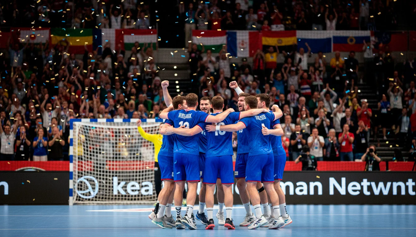 Handball-Nationalmannschaft beim Jubel nach einem Tor bei einem Großturnier