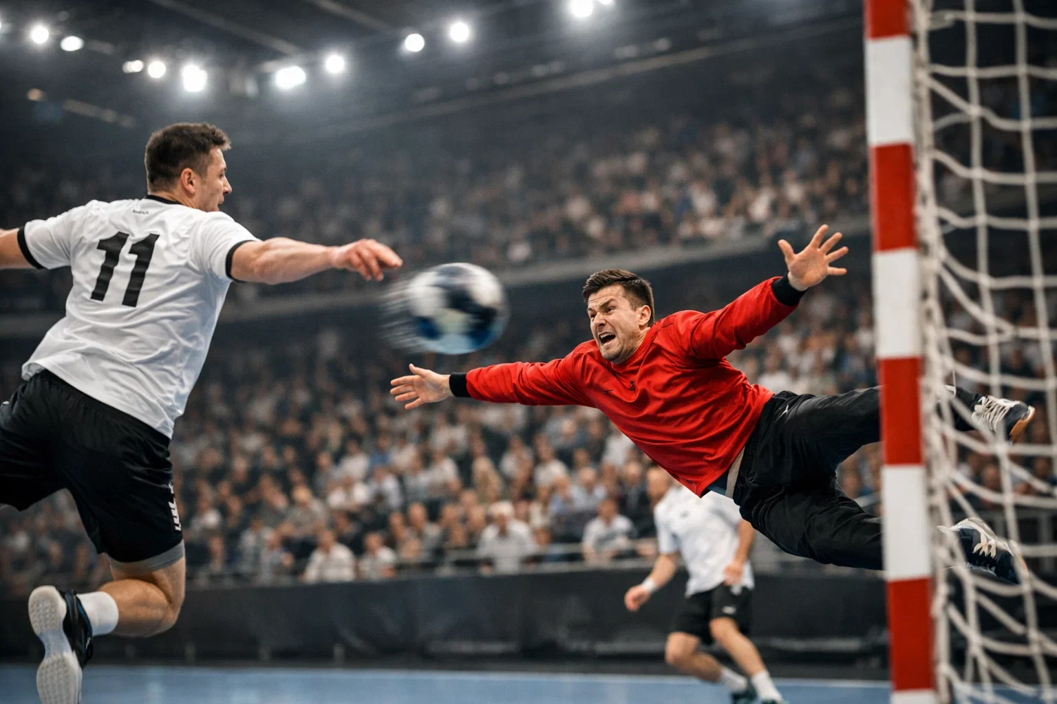 Spannende Spielszene bei einem Handball-Bundesliga-Spiel