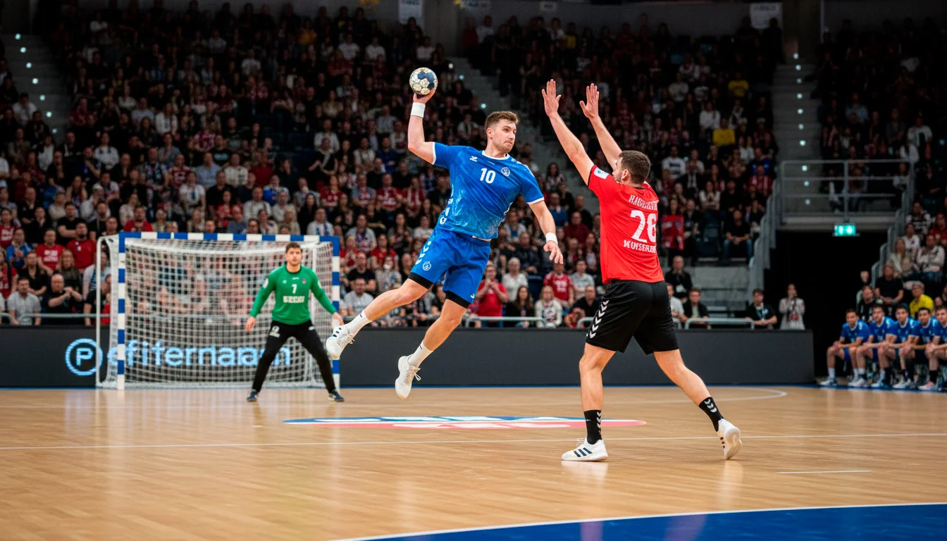 Intensives Handball-Spiel in einer ausverkauften Arena mit Spielern in Aktion