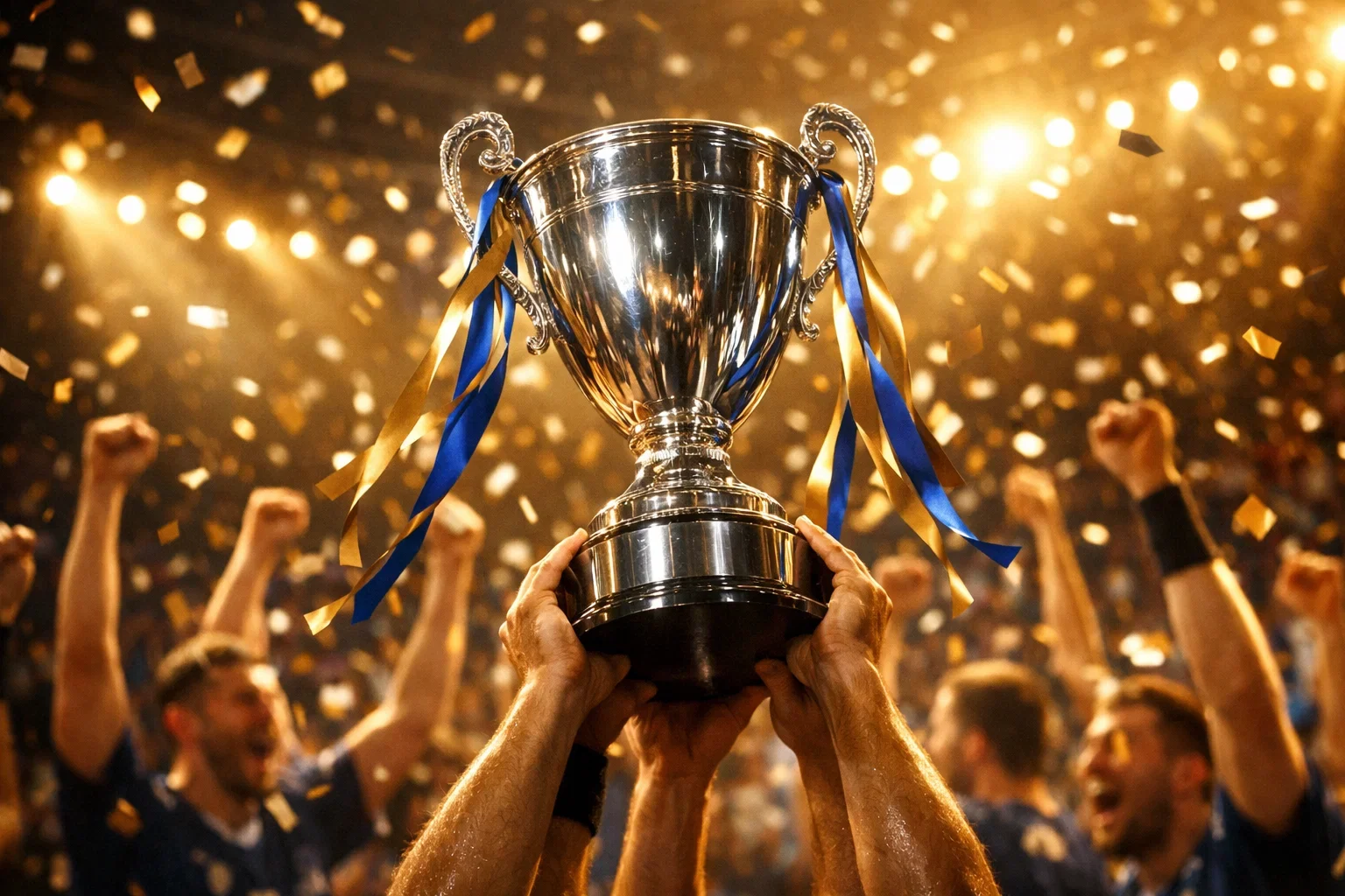 Handball-Meisterschaft Pokal mit jubelnden Spielern im Hintergrund