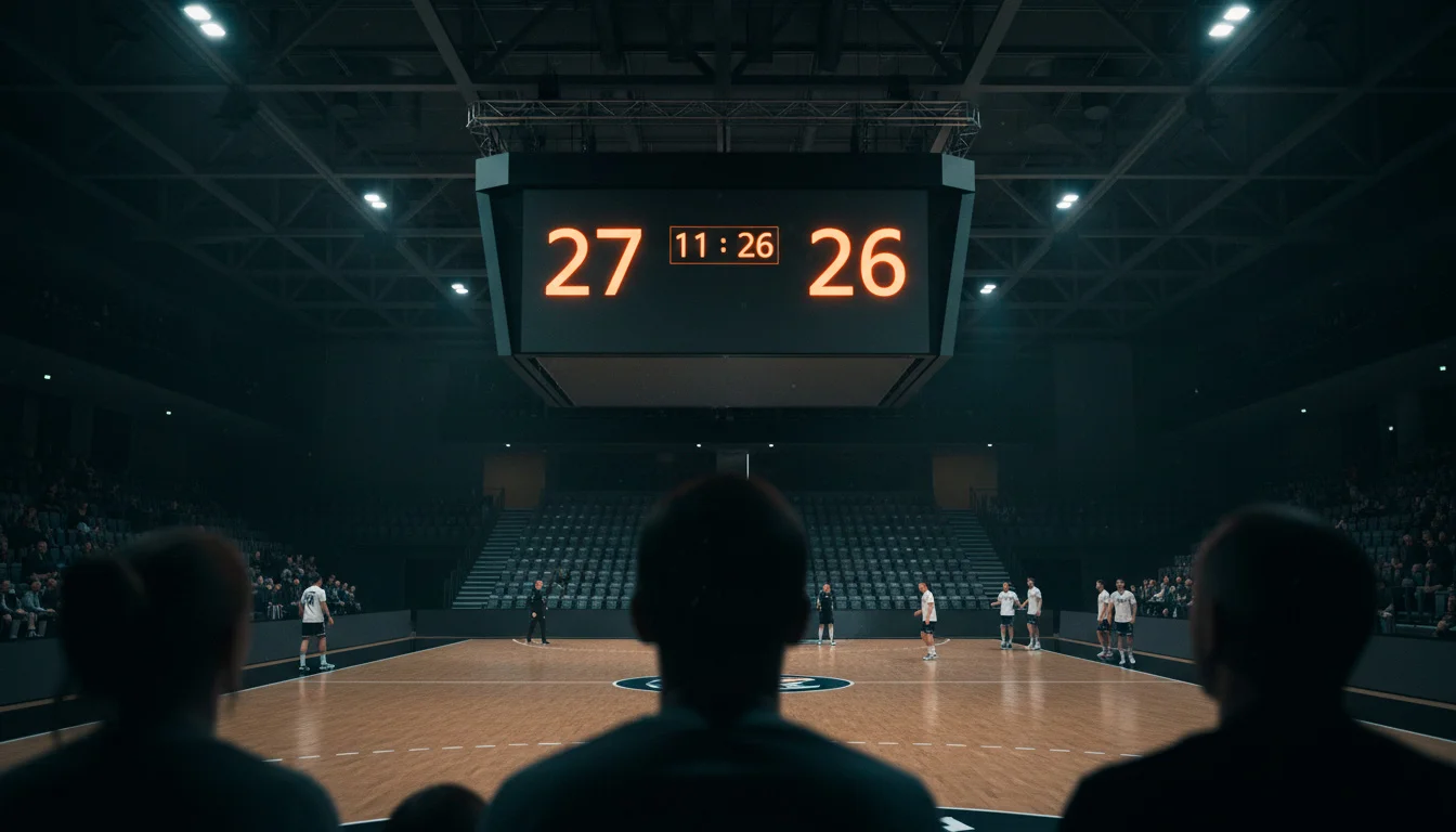 Nahaufnahme eines Handballspiels mit Anzeigetafel im Hintergrund