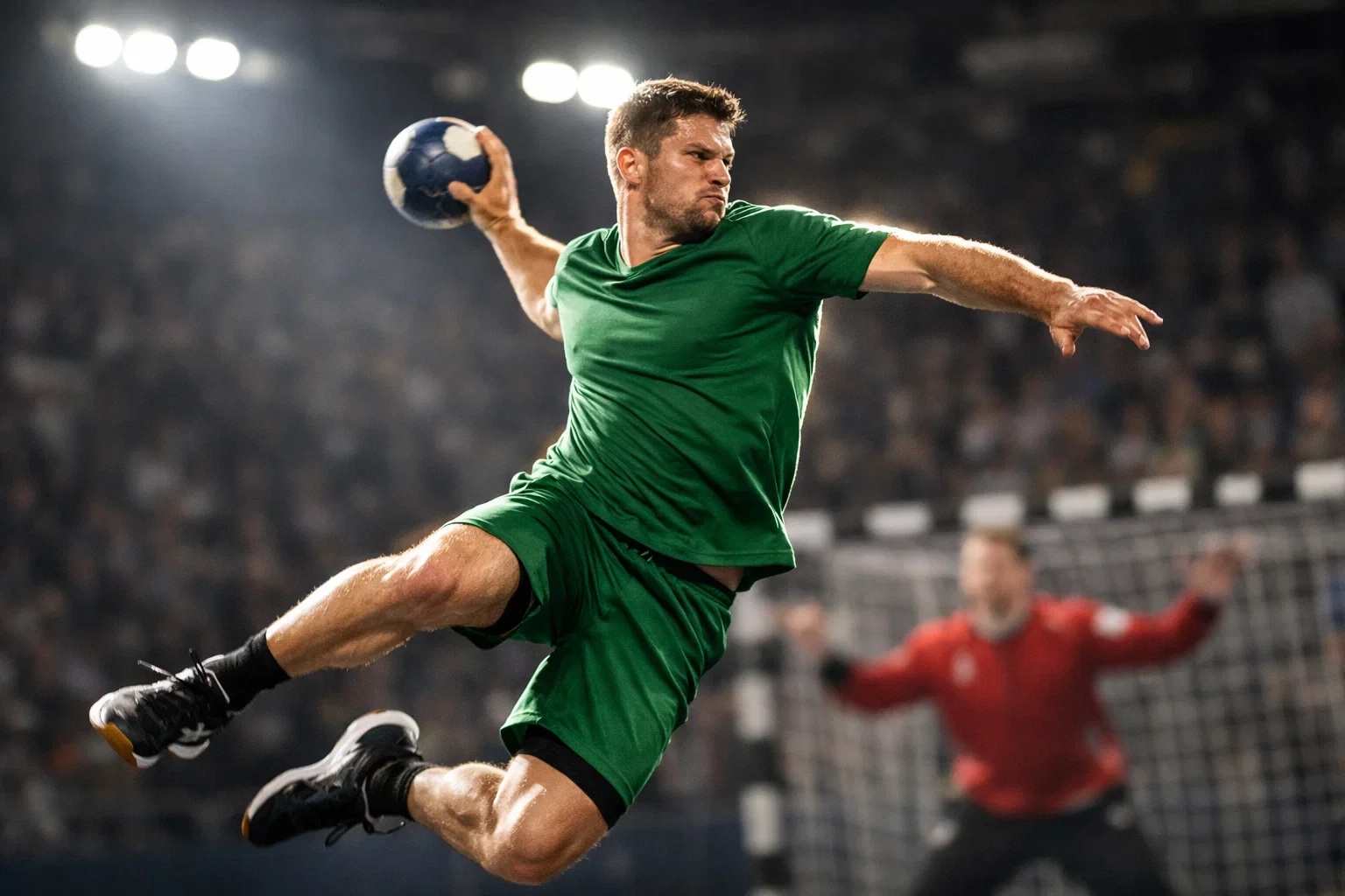 Handballspieler in grünem Trikot beim Torwurf