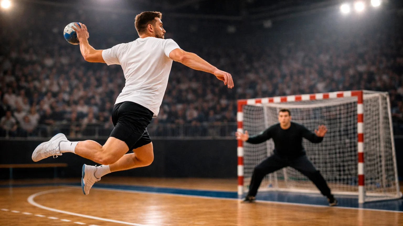 Intensiver Handball-Wurf aus dem Rückraum während eines Bundesliga-Spiels