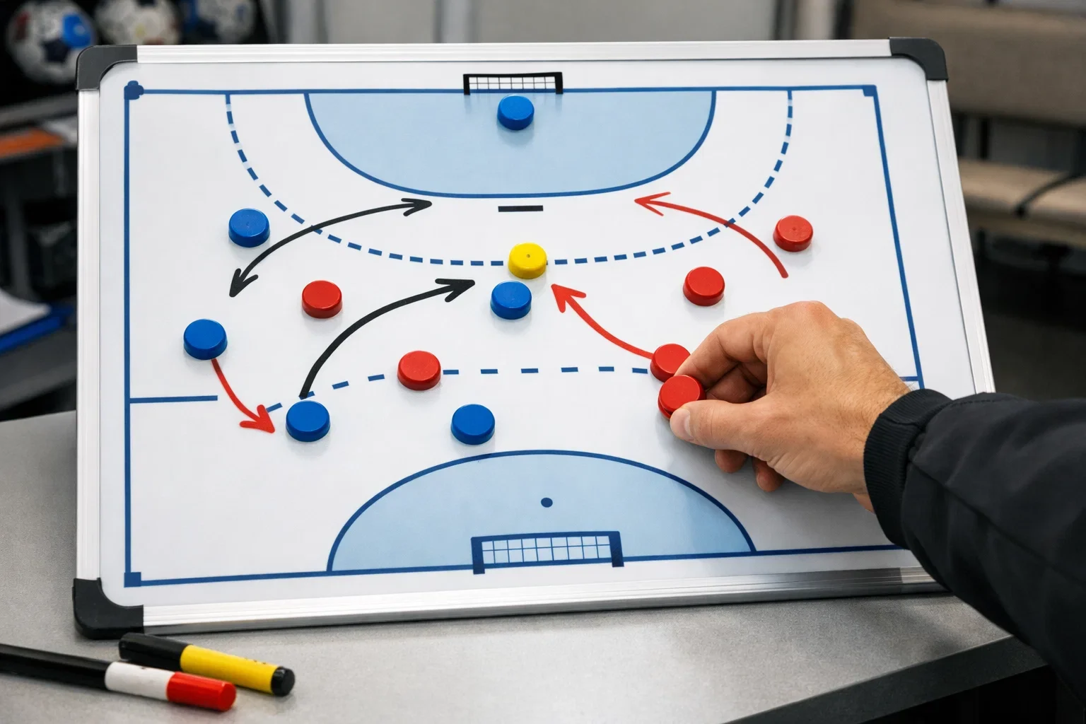 Taktiktafel mit Handball-Spielzügen und Notizen