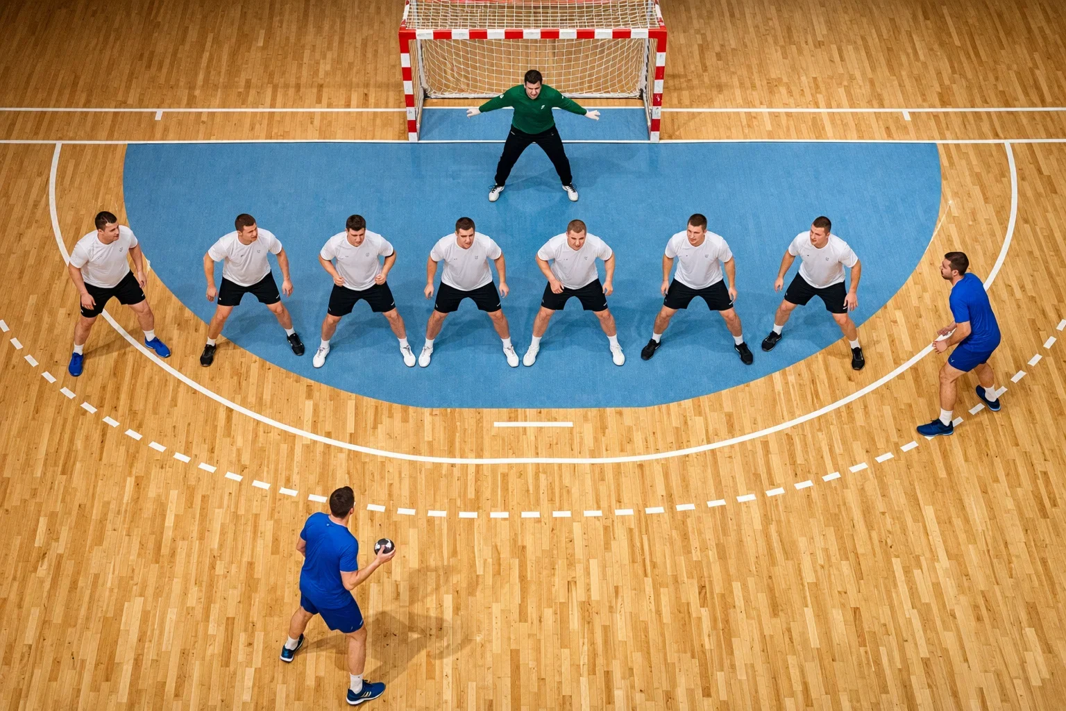 Handball-Mannschaft in Angriffsformation auf dem Spielfeld