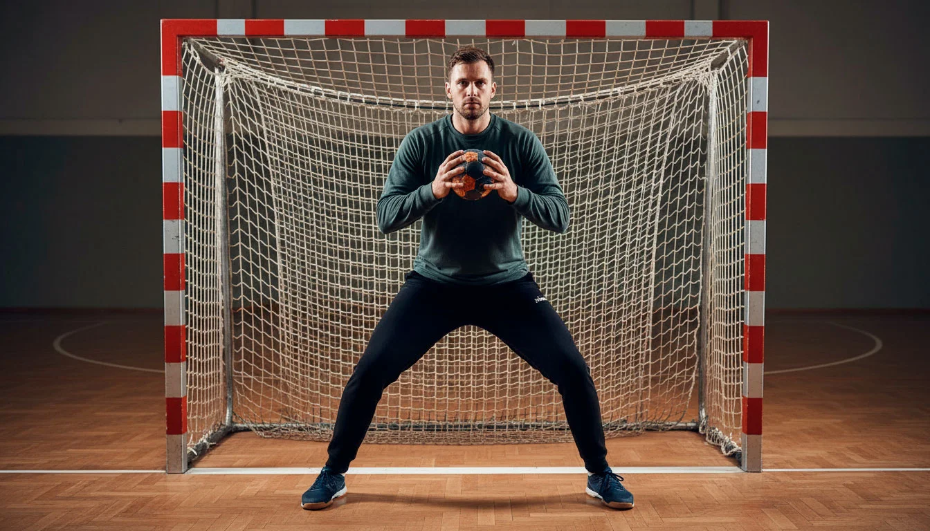 Handball-Torwart in Aktion hält einen Ball während eines Bundesliga-Spiels