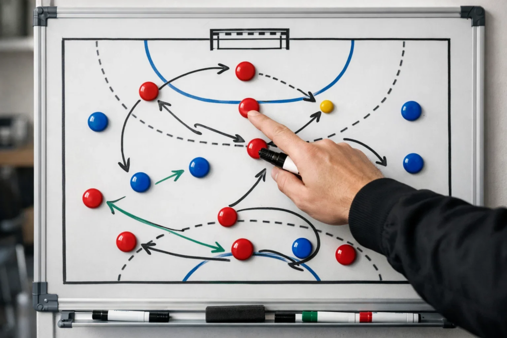 Strategische Planung mit Handball-Taktiktafel und Spielzügen