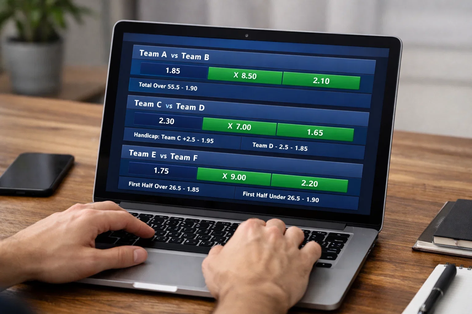 Laptop-Bildschirm zeigt Sportwetten-Plattform mit Handball-Quoten
