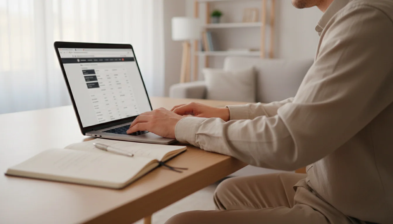 Person vergleicht Handball-Wettquoten auf einem Laptop in einem Wohnzimmer