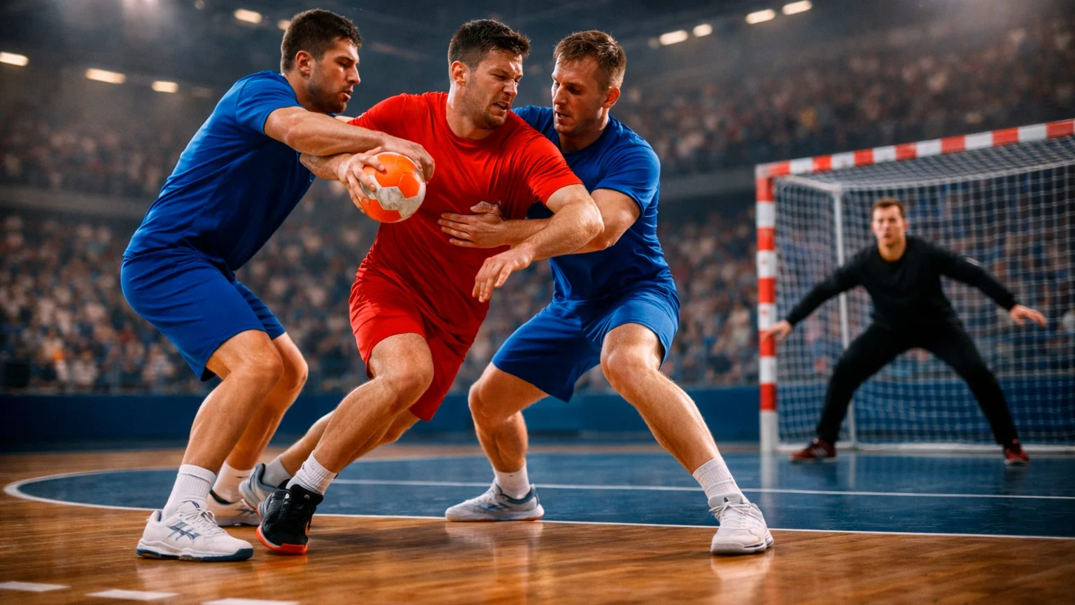 Handball-Bundesliga-Spiel mit Spielern im Angriff vor vollem Zuschauerrang