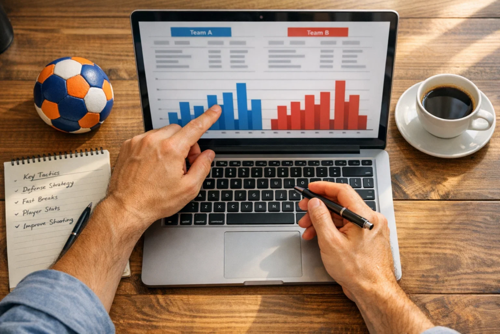 Person analysiert Handball-Statistiken auf Laptop mit Notizblock