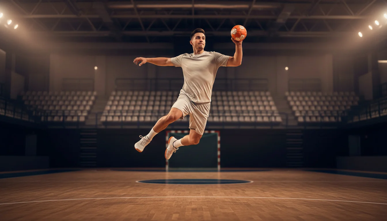 Handballspieler wirft auf das Tor in einer beleuchteten Bundesliga-Halle