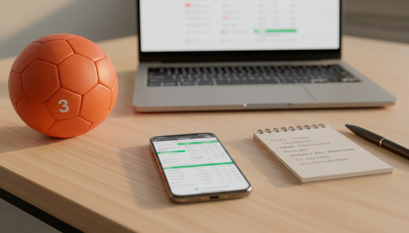 Smartphone mit Handball-Statistiken neben einem Laptop auf einem Schreibtisch