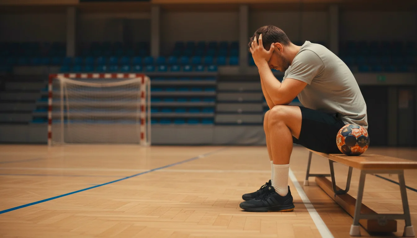 Handballspieler sitzt frustriert auf der Bank neben dem Spielfeld