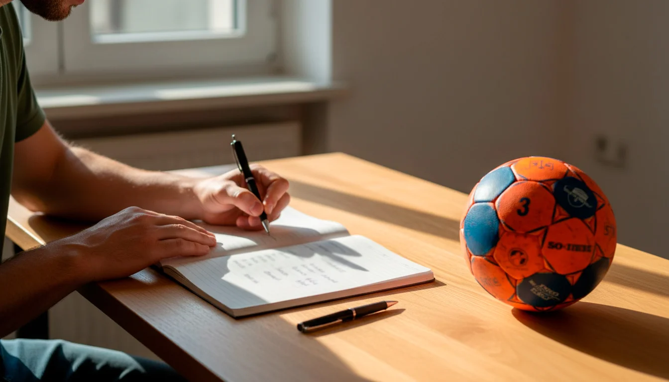 Mann analysiert Handball-Statistiken mit Notizbuch und Stift am Schreibtisch
