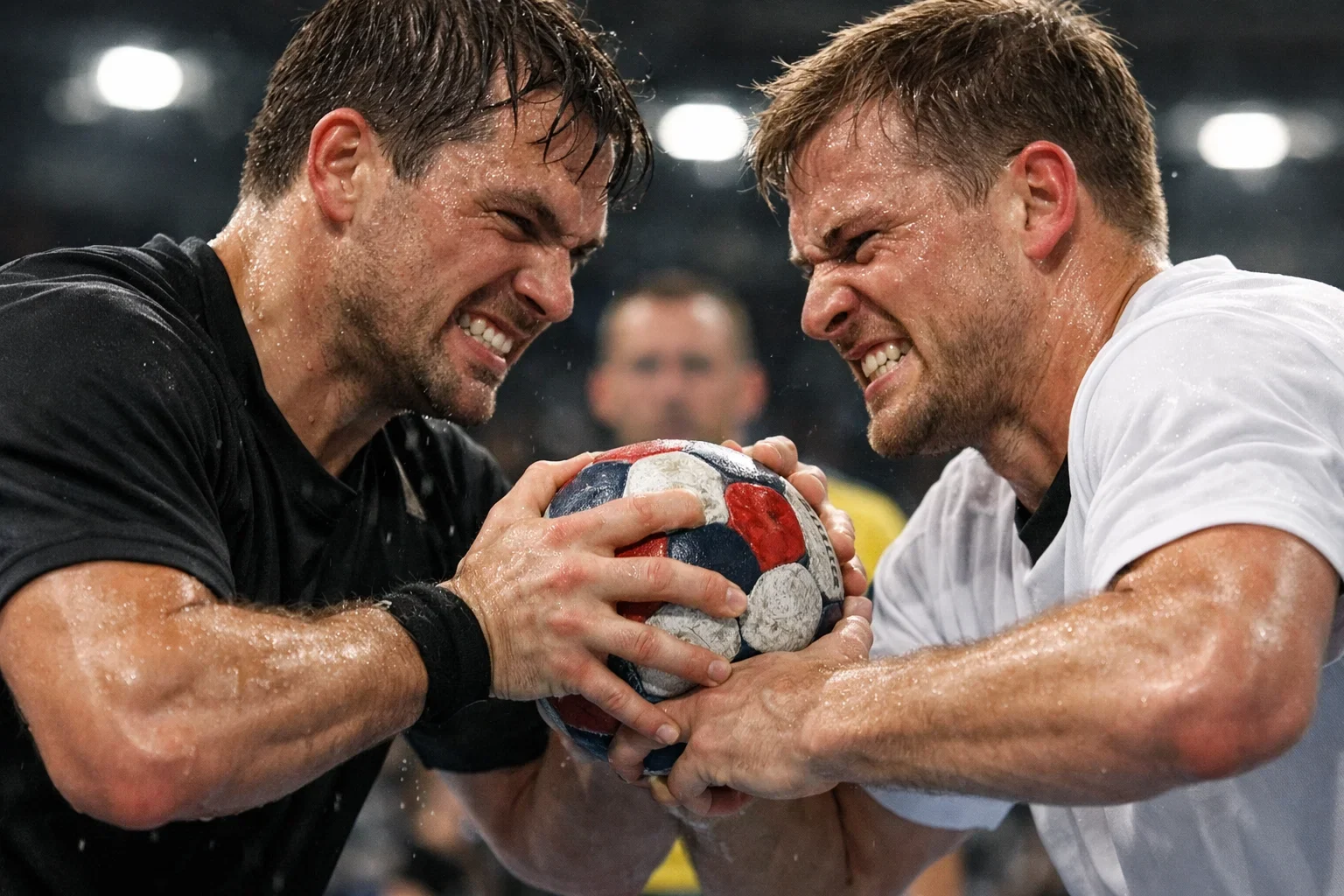 Zwei Handballspieler im direkten Zweikampf um den Ball