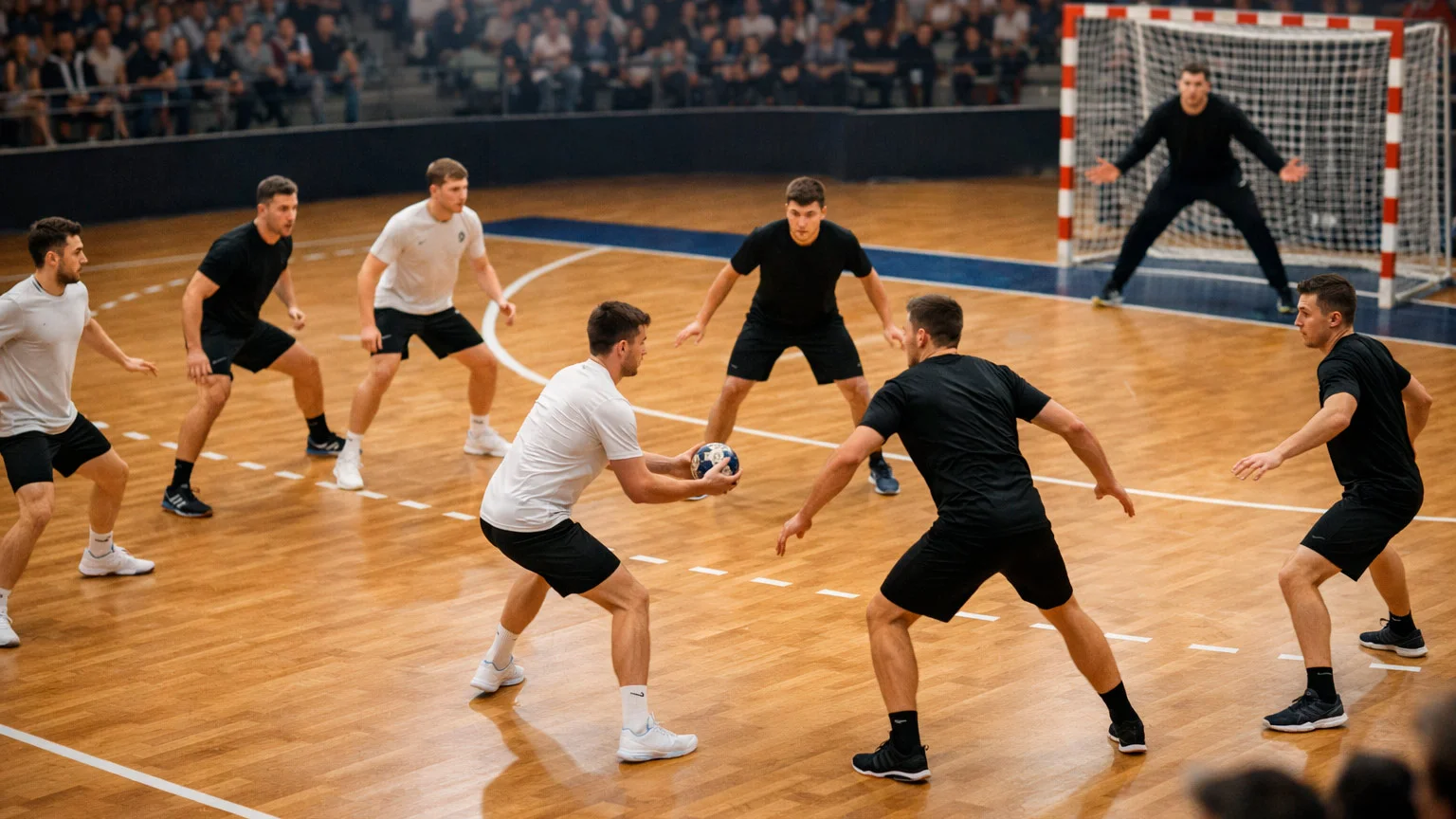 Handball-Mannschaft beim Angriff in Überzahl auf dem Bundesliga-Spielfeld