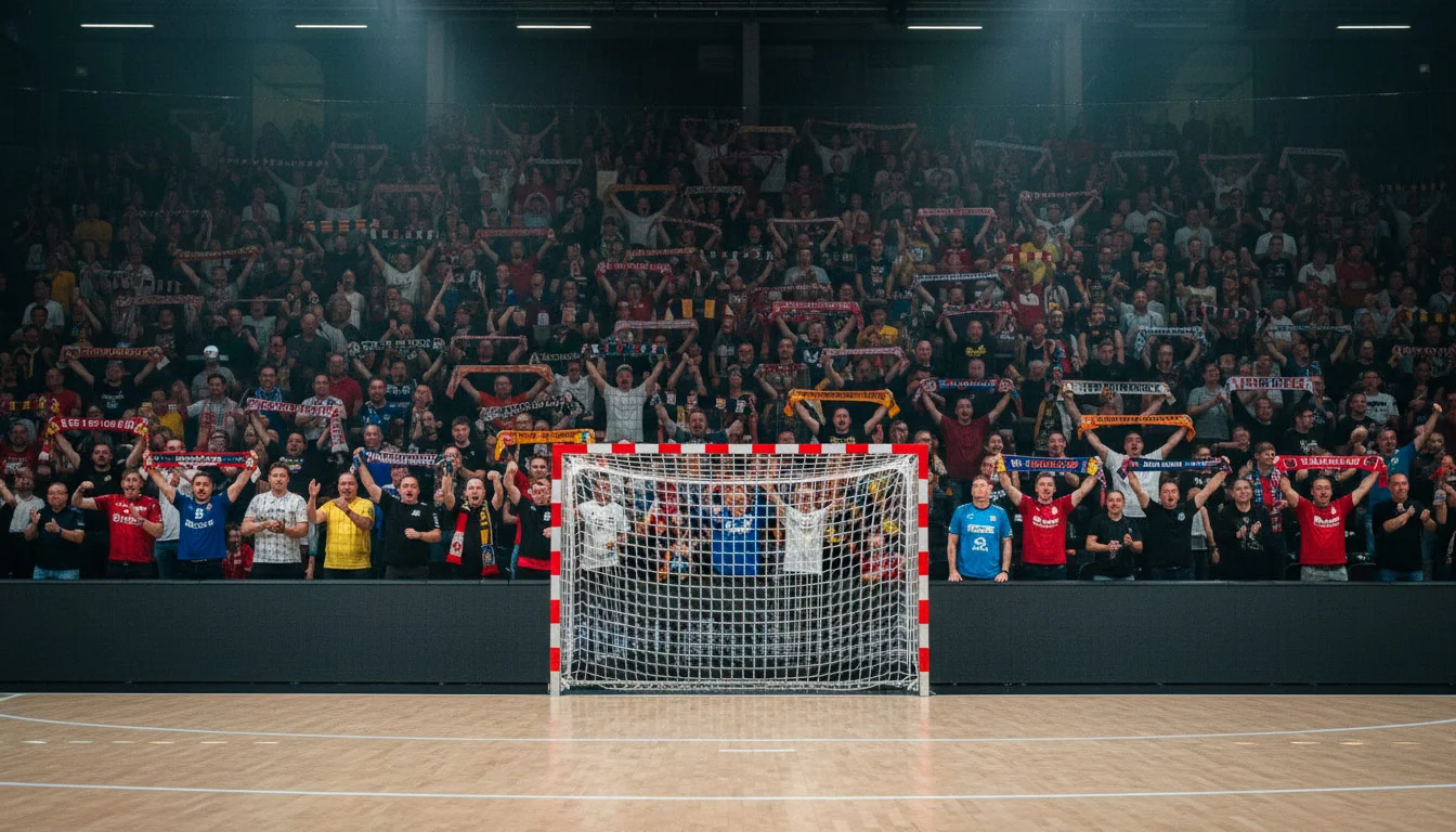 Ausverkaufte Handballhalle mit lautstarkem Heimpublikum und Spielern auf dem Feld