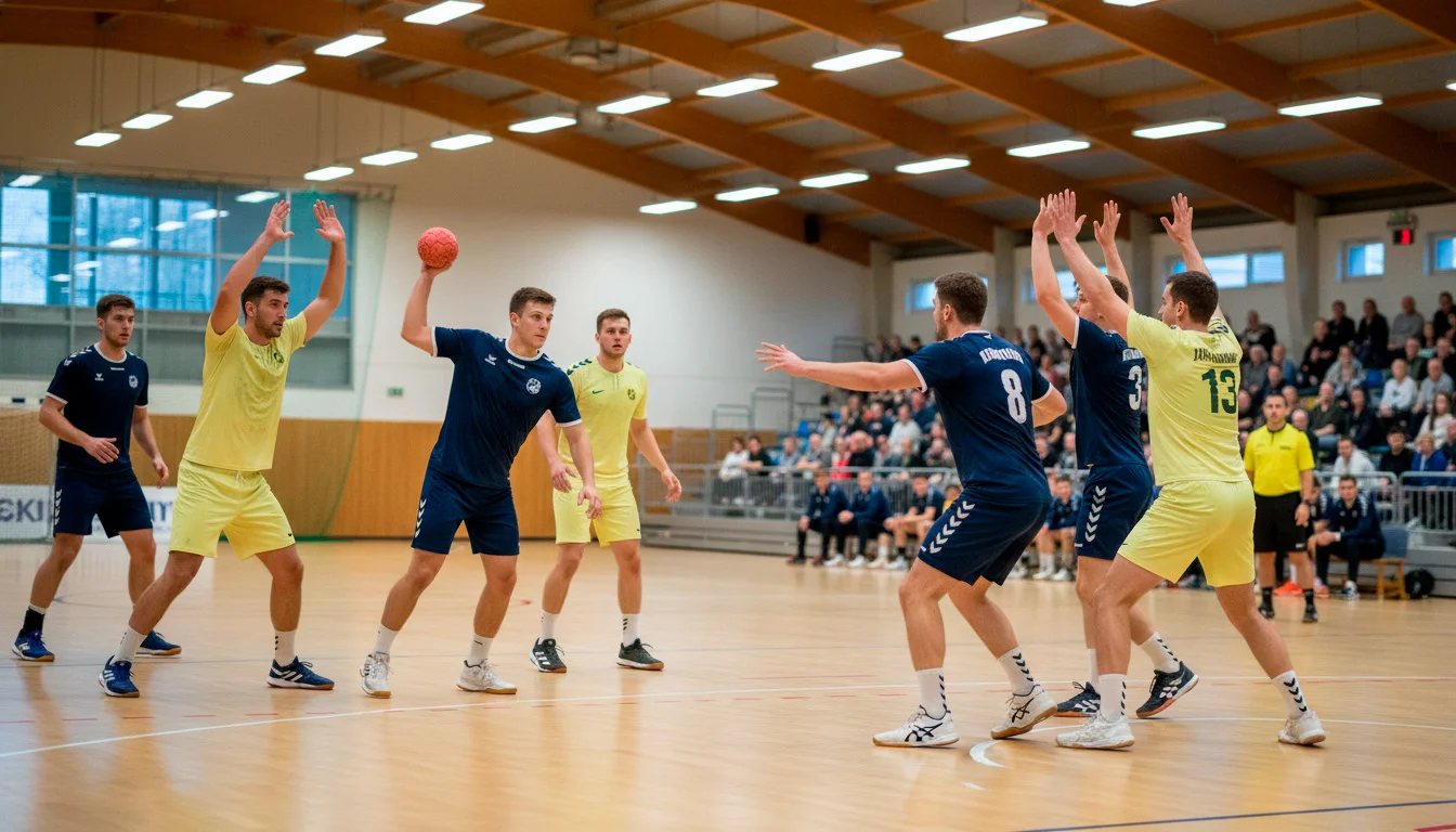 Nahaufnahme eines Handball-Spielfelds mit mehreren Spielern in Aktion