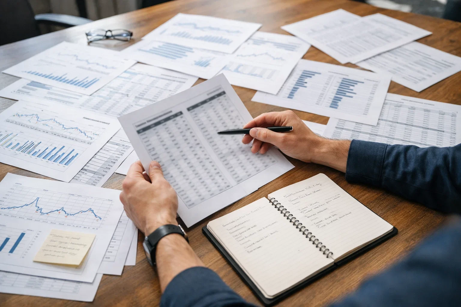 Analyst studiert Saisonstatistiken auf mehreren Dokumenten