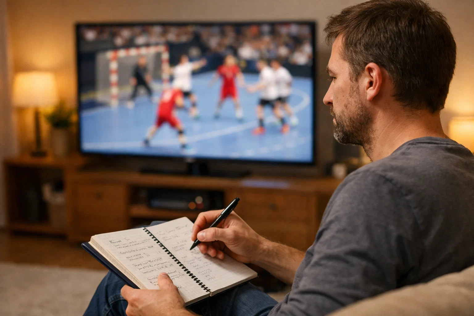 Person beobachtet Handball-Spiel und notiert Beobachtungen