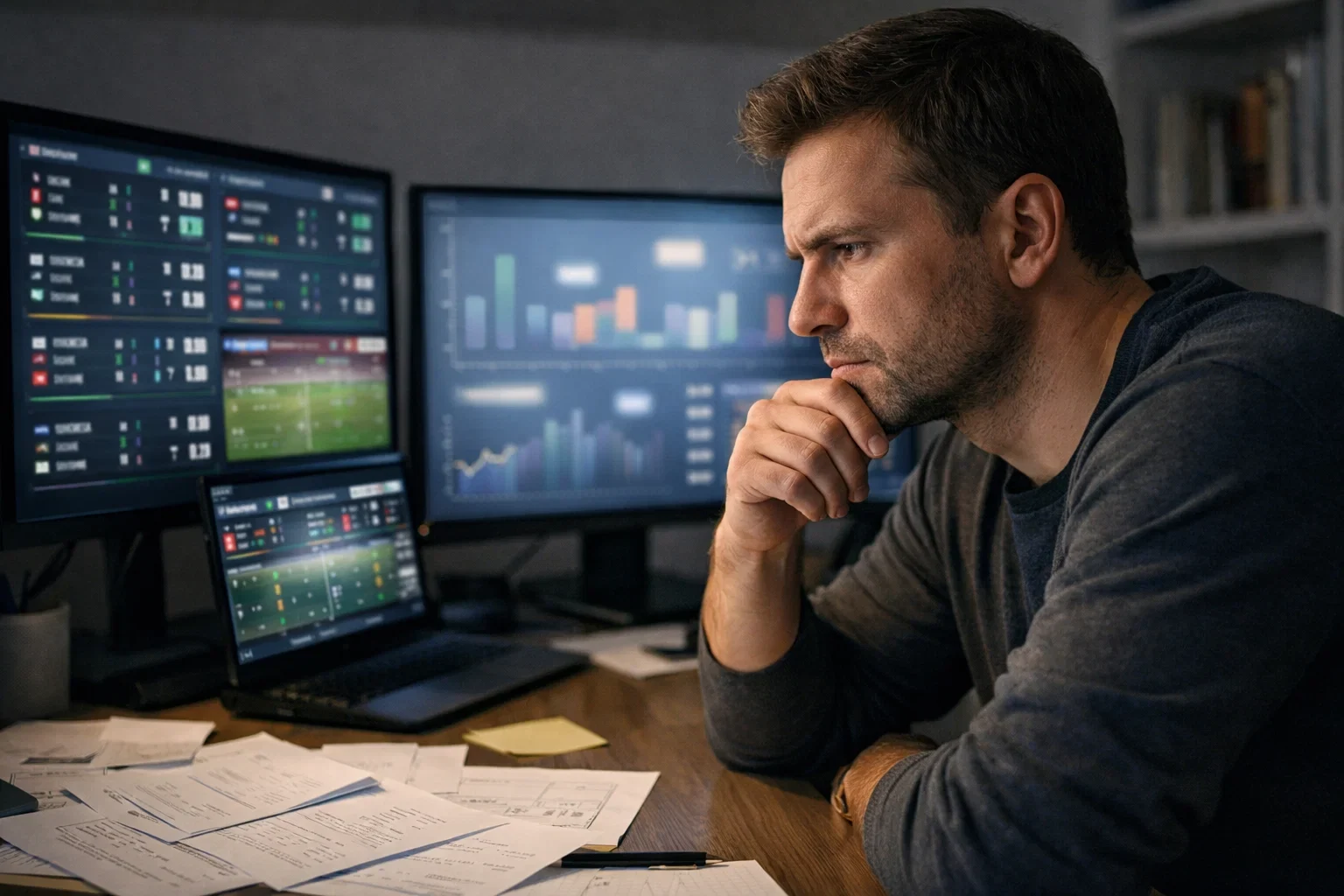 Konzentrierter Mann analysiert Live-Statistiken auf dem Bildschirm