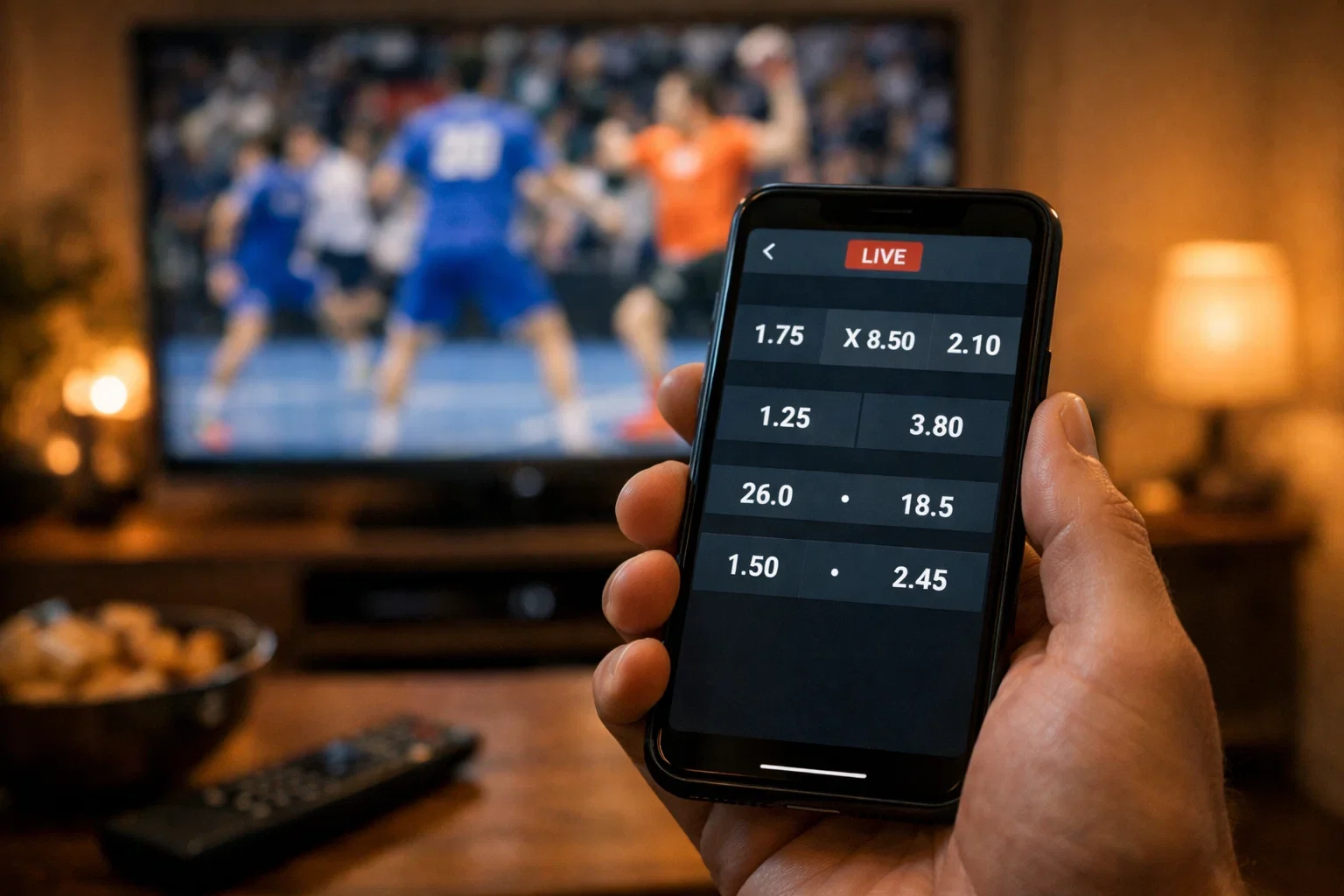 Smartphone mit Live-Wetten-App neben einem laufenden Fernseher