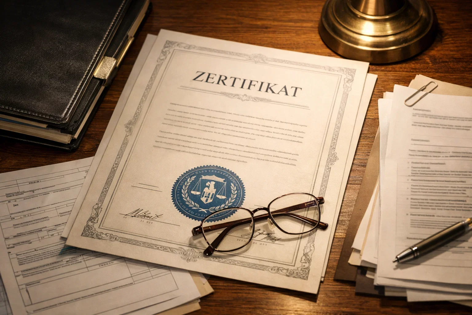 Sicherheitszertifikat und Lizenz-Dokument auf einem Schreibtisch