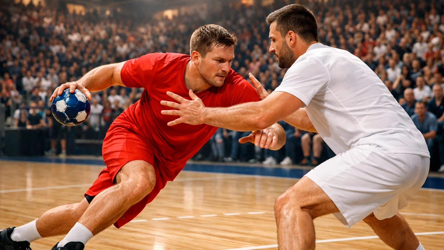 Intensive Handballszene in einer kompakten Arena mit begeisterten Zuschauern im Hintergrund