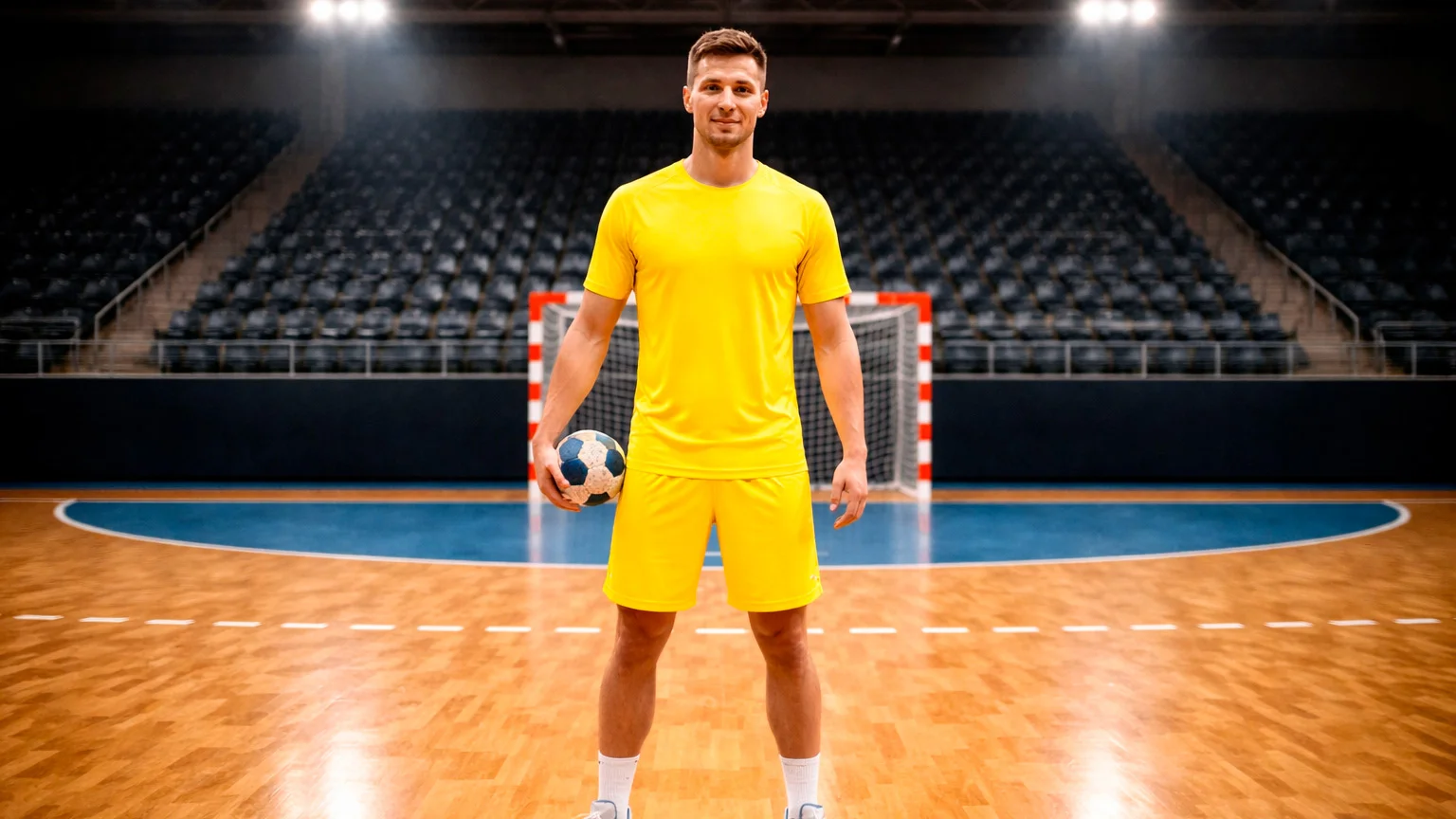 Handballspieler in neuem Vereinstrikot bei der Vorstellung vor Medien und Fans