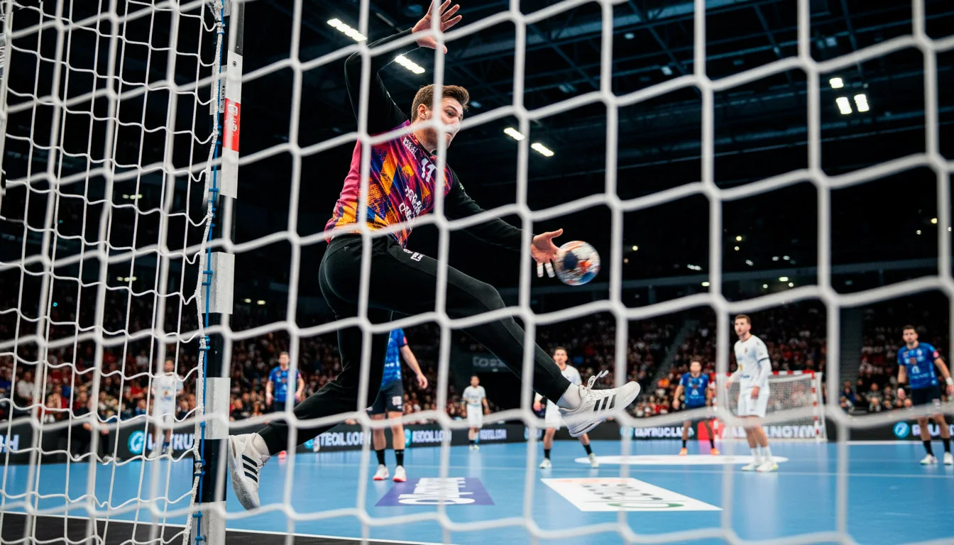Handball-Torwart streckt sich nach einem Wurf in einer Bundesliga-Partie