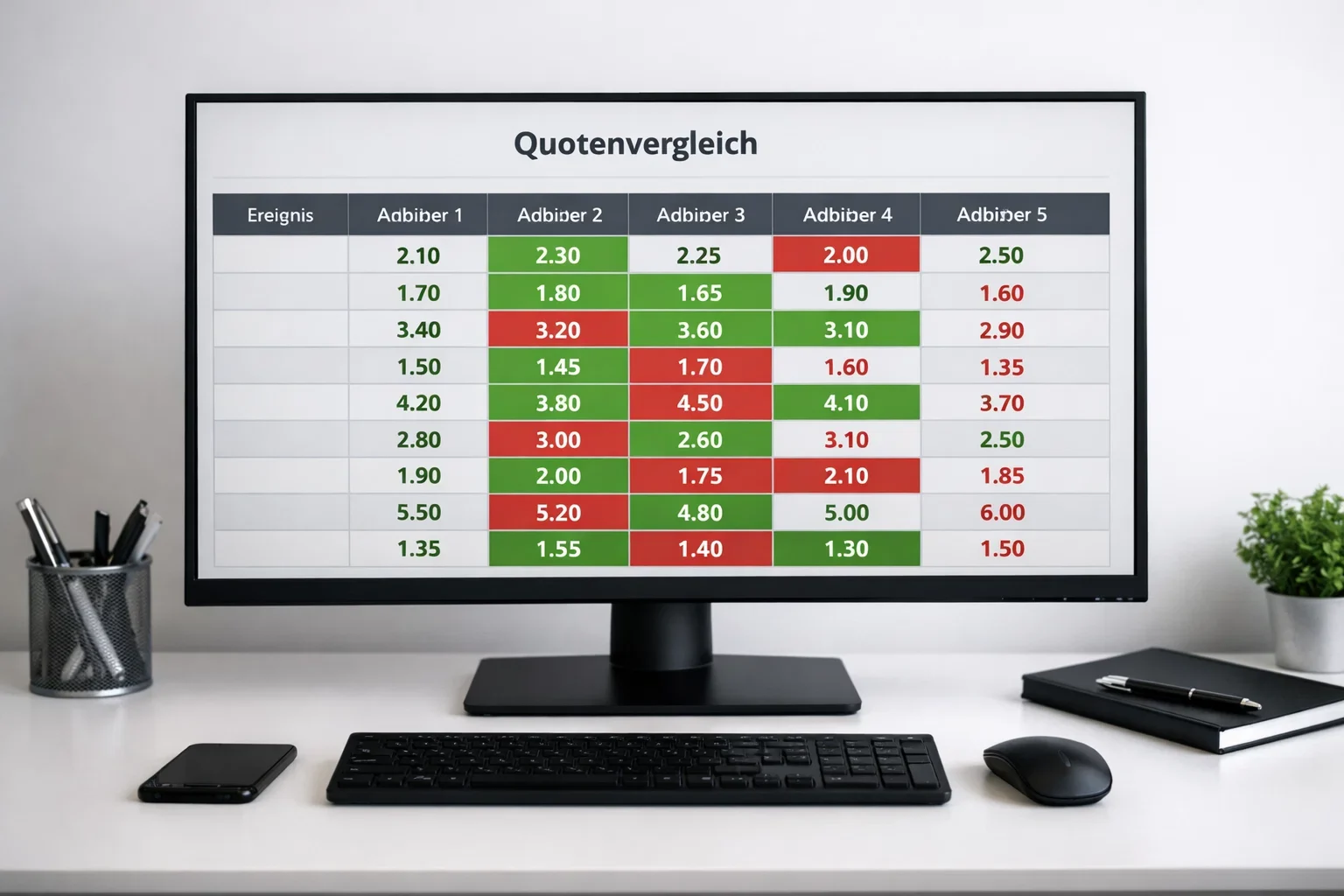 Vergleichstabelle mit verschiedenen Wettquoten auf einem Monitor