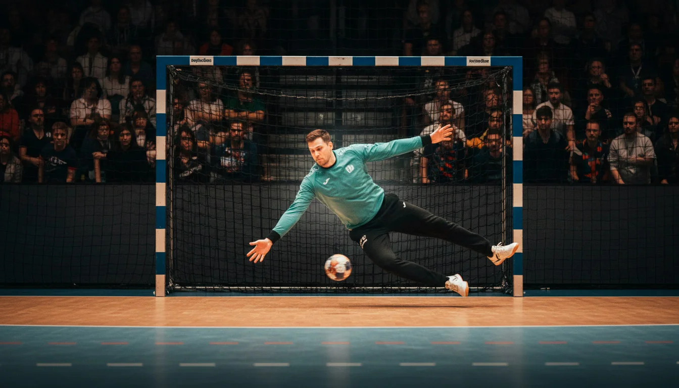 Handball-Torwart hält einen Ball in einer vollen Bundesliga-Halle