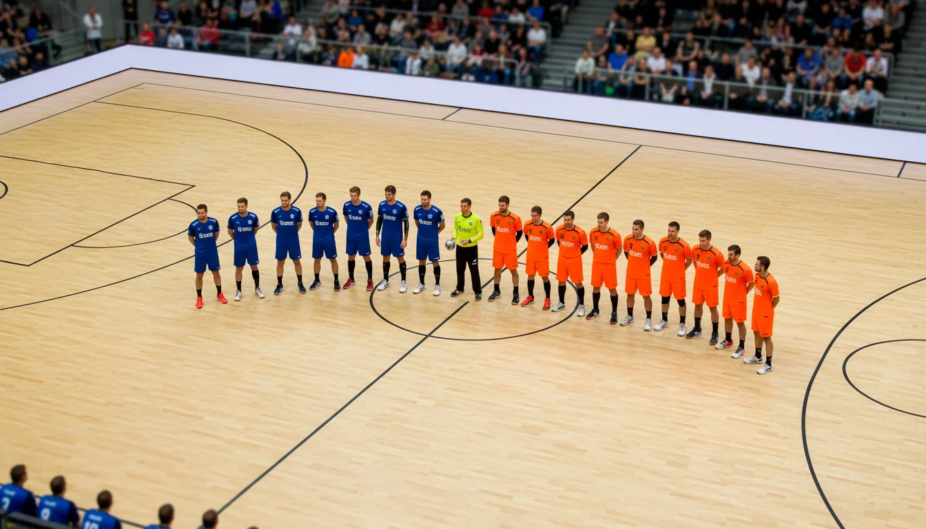 Handball-Spielfeld aus der Vogelperspektive mit Spielern während eines Bundesliga-Spiels