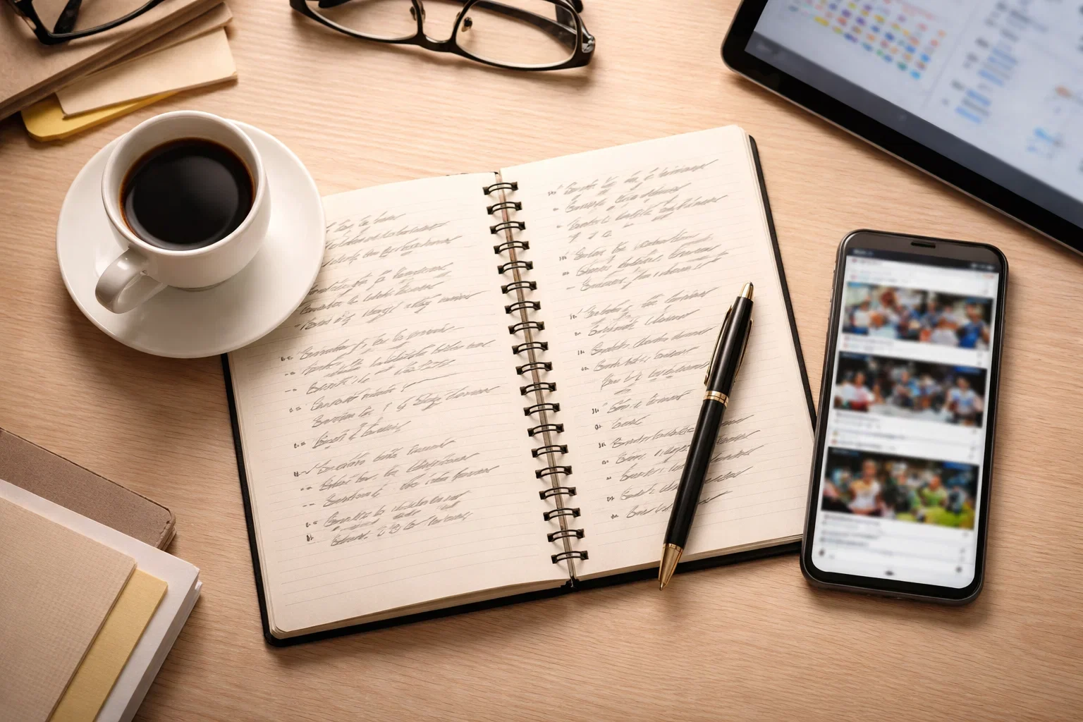 Notizblock mit Stift neben einem Bildschirm mit Handball-Statistiken