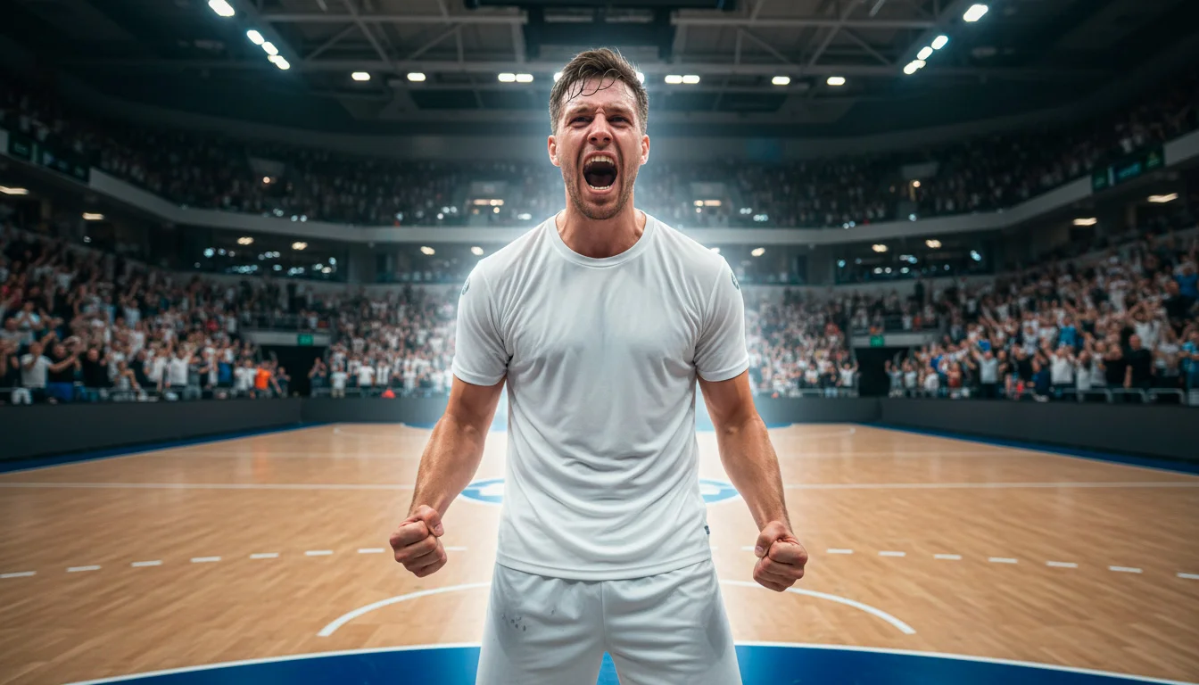 Handballspieler feiert ein Tor mit jubelnden Fans im Hintergrund