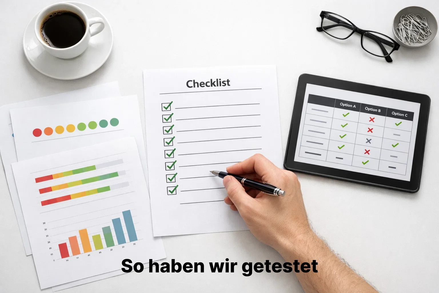 Prüfliste mit Bewertungskriterien auf einem Schreibtisch