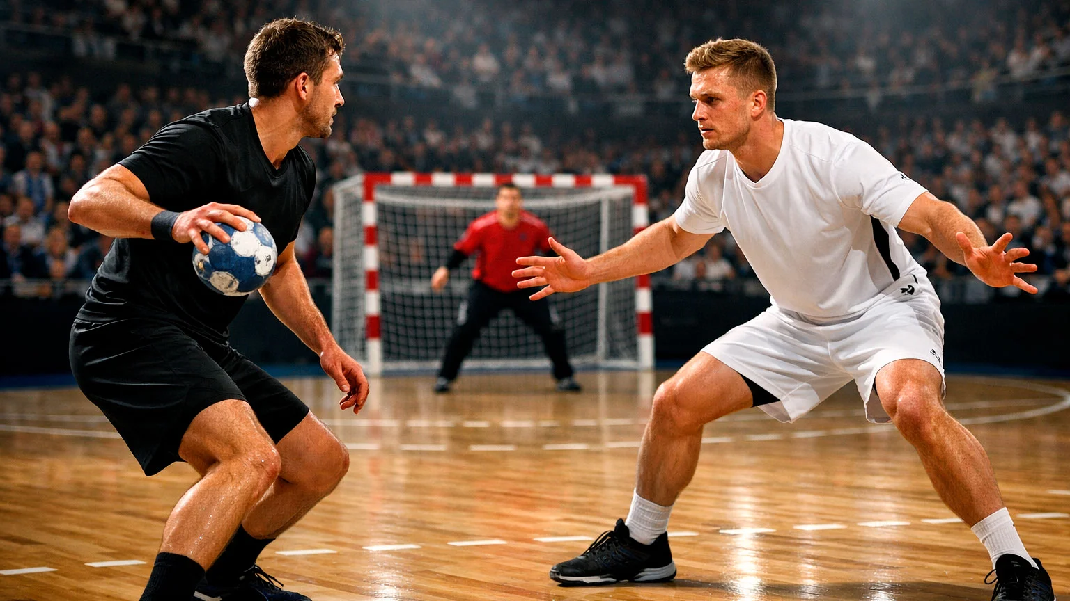 Dramatische Handball-Szene mit zwei Mannschaften im Zweikampf vor großer Kulisse