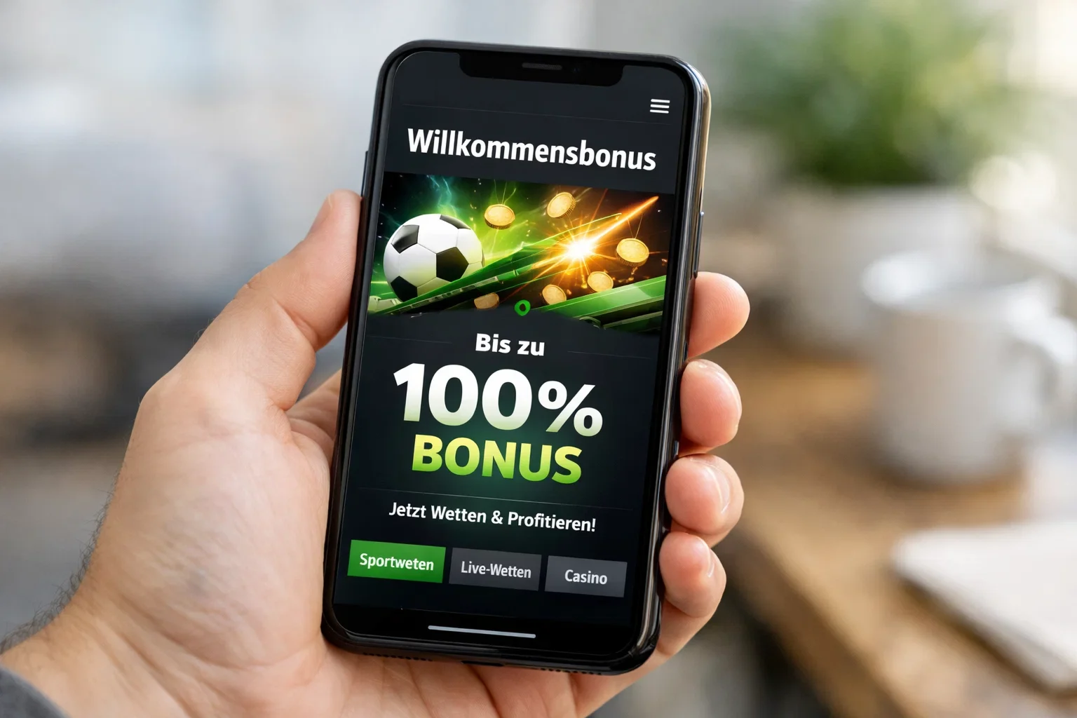 Hand hält Smartphone mit Bonus-Angebot auf dem Display