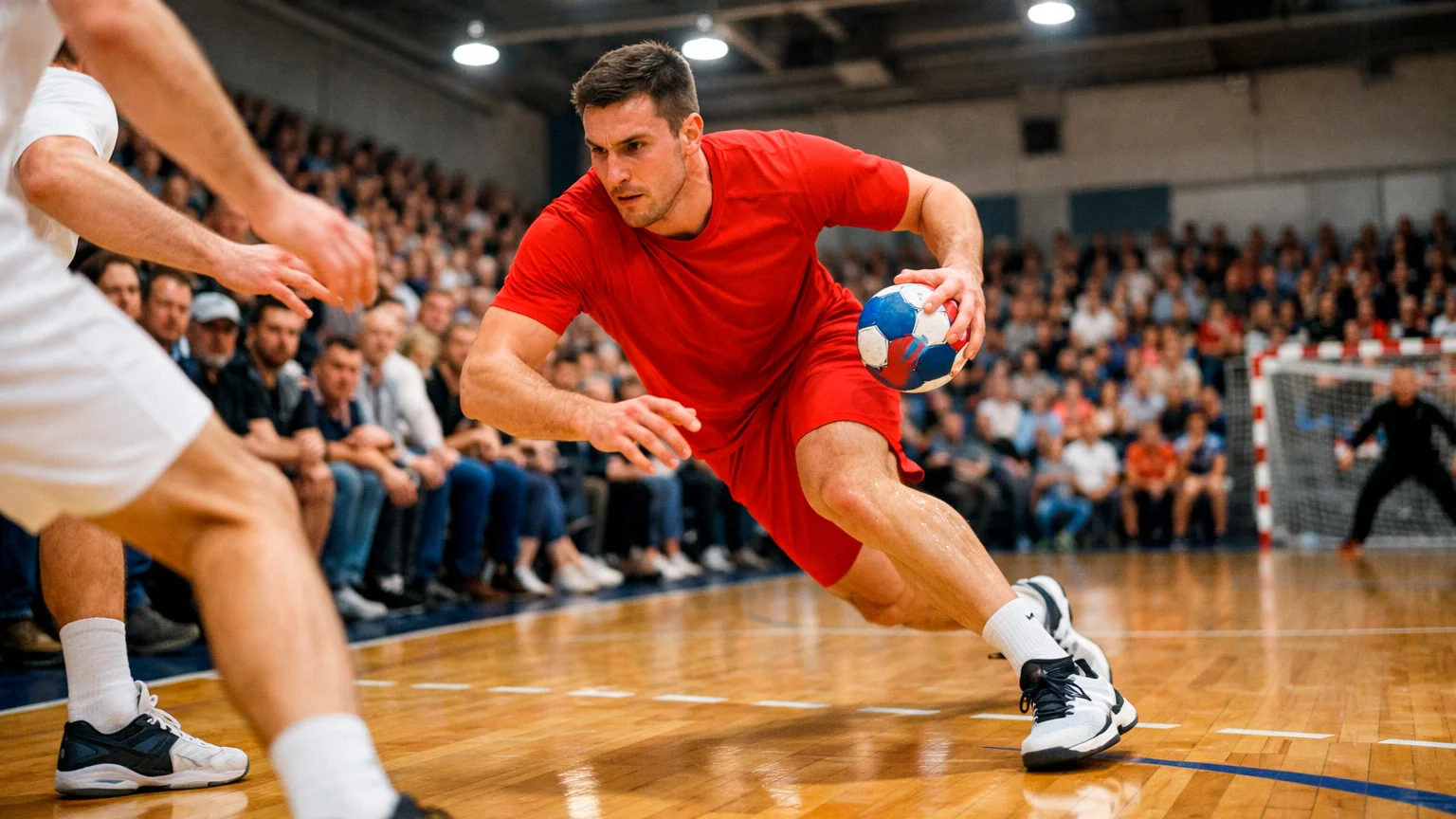 Handball-Szene in einer kleineren Zweitliga-Halle mit engem Publikum am Spielfeldrand